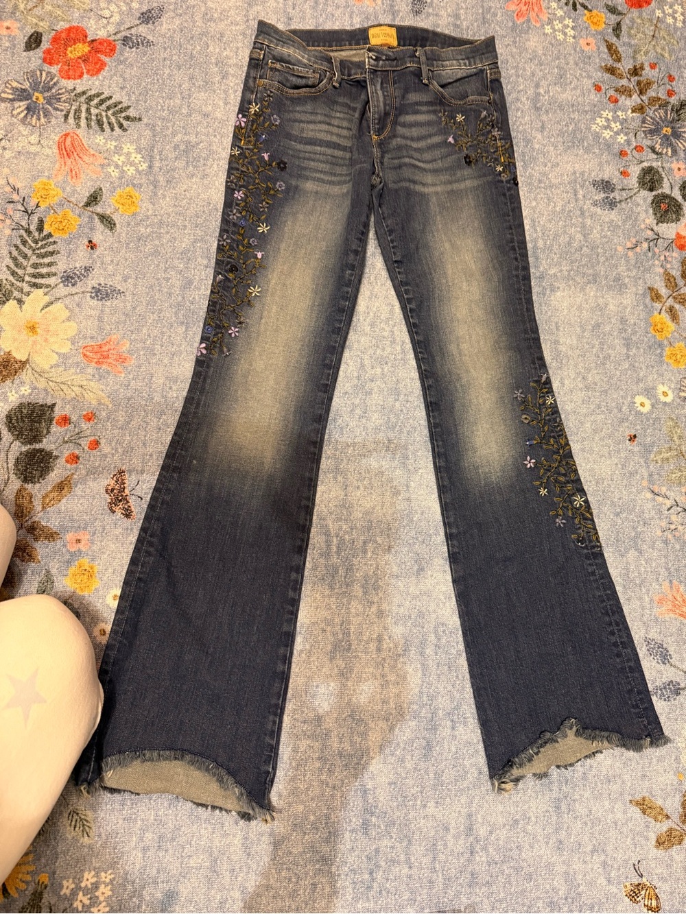DRIFTWOOD Dark Blue Floral-Embroidered Flare Jeans